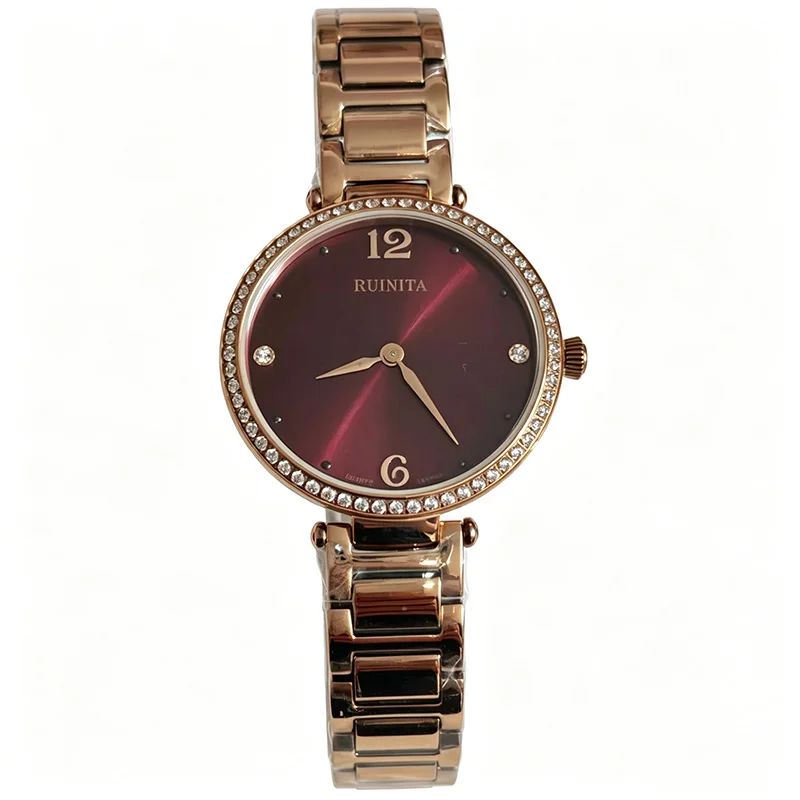 30MM Women's Quartz Watch 3ATM Waterproof Stainless Steel Watch Vacuum Plated Rose Gold Encrusted Stone Bezel Sapphire Glass