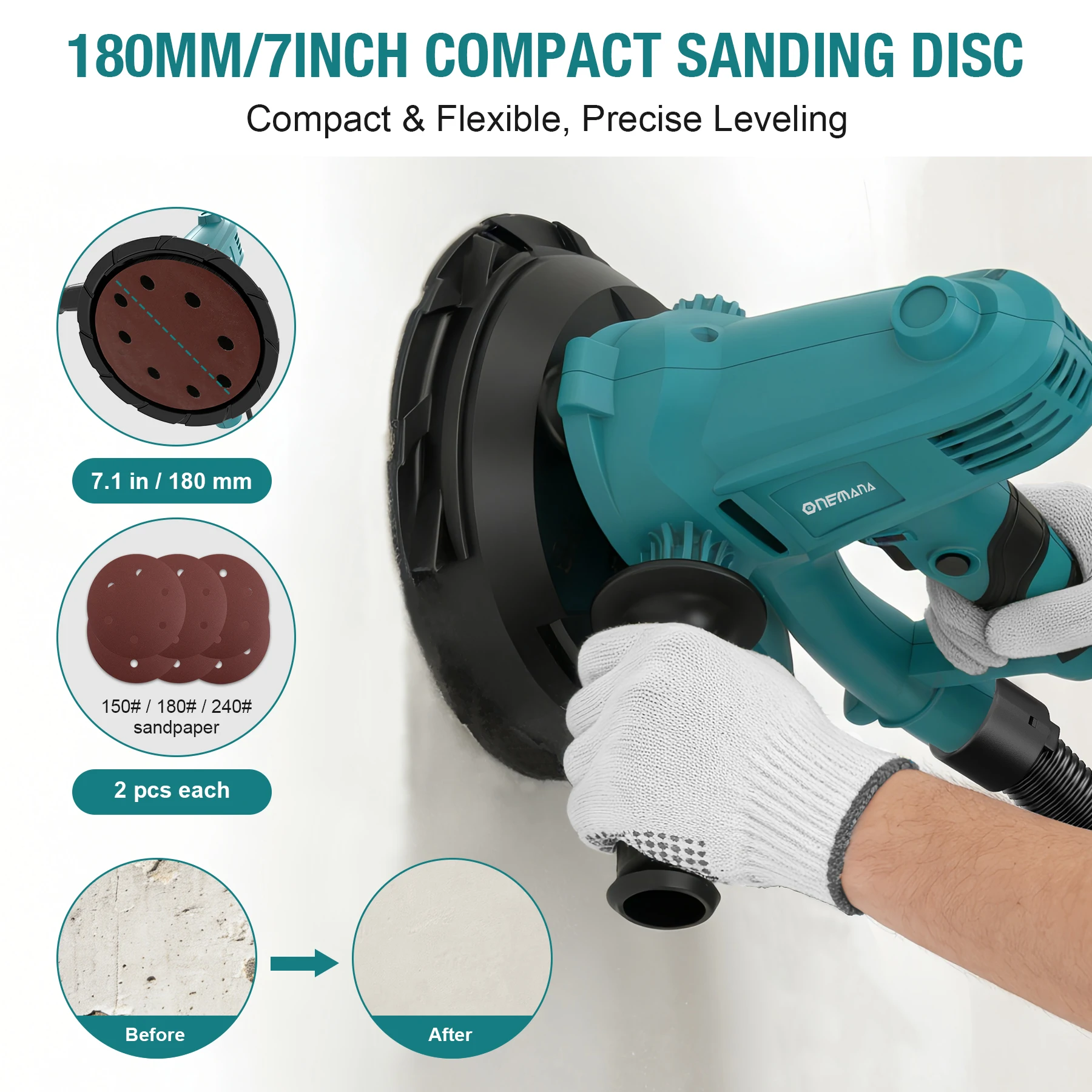 Drywall Sander, 750W Electric Drywall Sander with Vacuum Dust Collection, Variable Speed 1500–2700 RPM Wall Sander with 180mm Sanding Disc & Complete Accessories