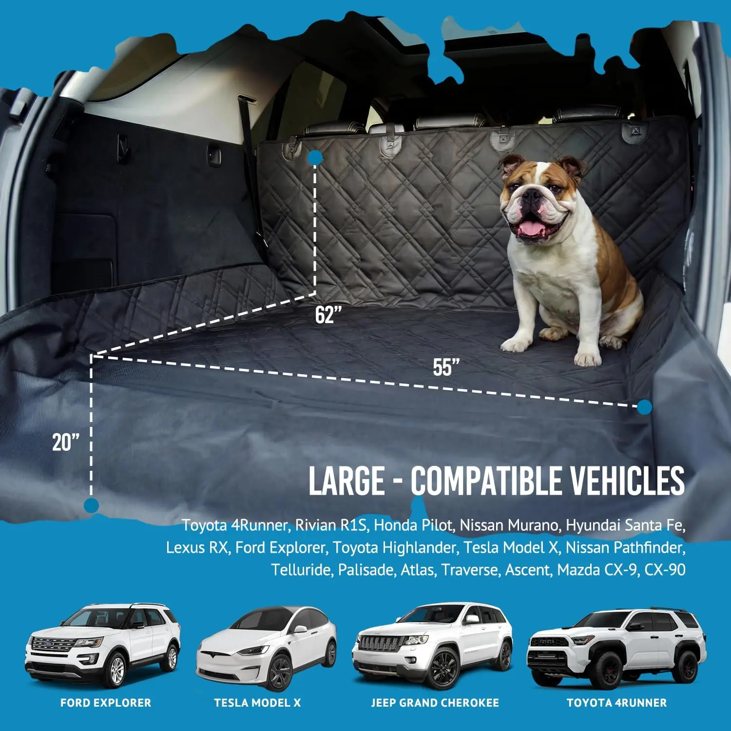 SUV Cargo Liner for Dogs 55x82 Heavy Duty Pet Trunk Cover Waterproof Nonslip Mat - Car Protector for SUVs Vans Cars Large Black