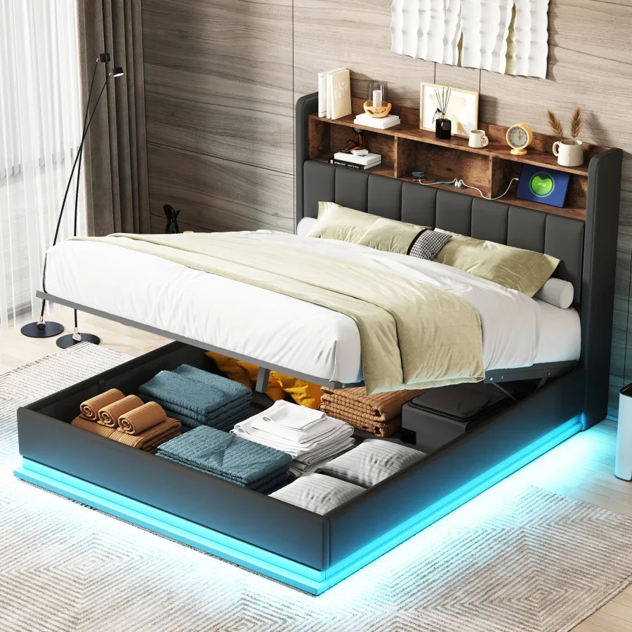 Queen/full Size Upholstered Platform Bed with Storage Headboard, with LED Lights and USB charger, Black/white