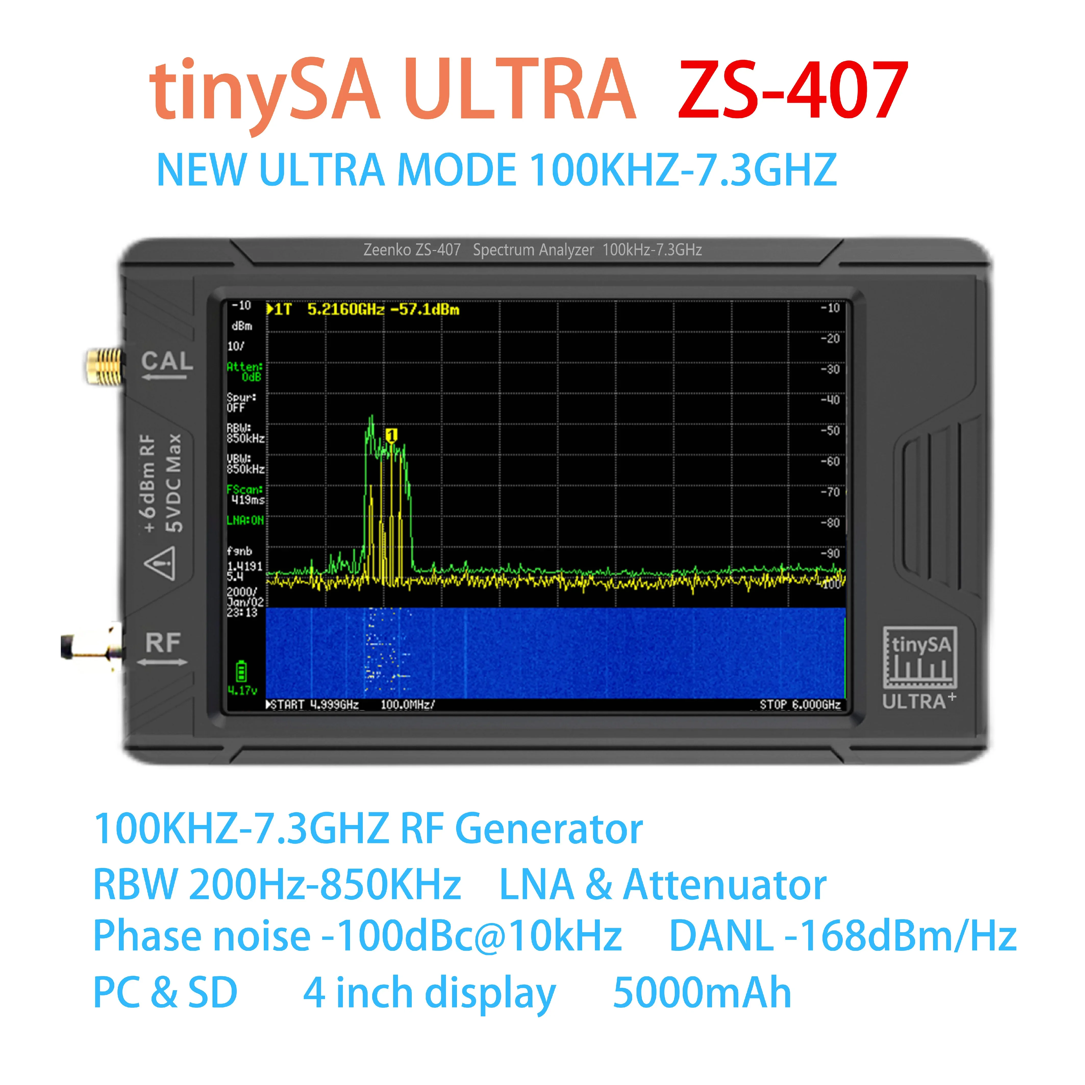 

Новейший портативный анализатор спектра TinySA ULTRA+ ZS407, 100 кГц-7,3 ГГц, IPS TFT LCD, внутренний LNA, усиление, USB-C