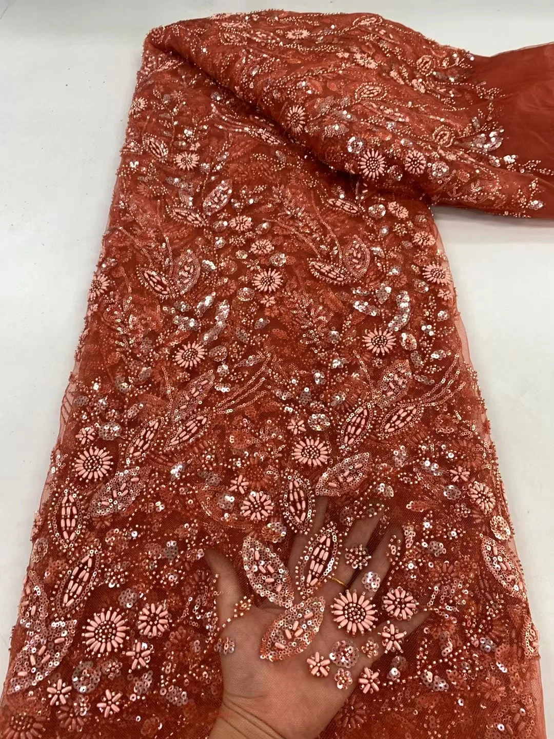 Afrikanischer Perlenstickerei-Färbespitzenstoff für Frauen, luxuriöser 5-Yard-Mode-Mesh-Perlenstoff mit Steinen, Spitze, Hochzeitskleid-Stoff