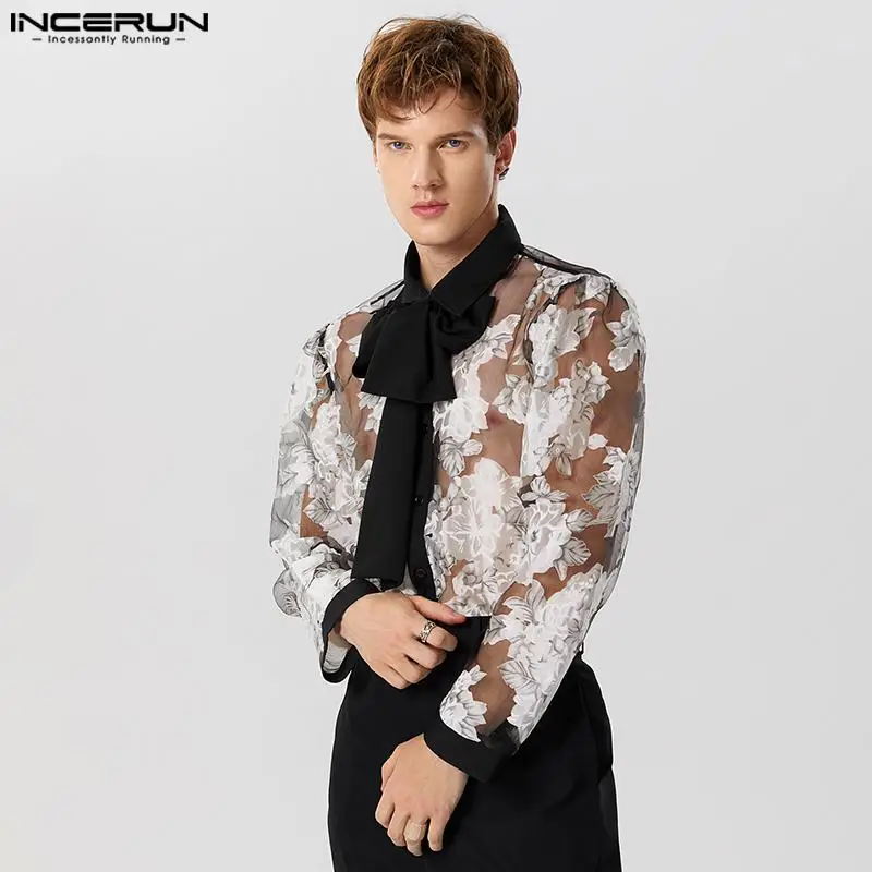 Fashion Sexy New Men Perspective Lace Print Jacquard Tie Shirts Casual Male Hot Sale Long Sleeved Blouse S-5XL INCERUN Tops 2024