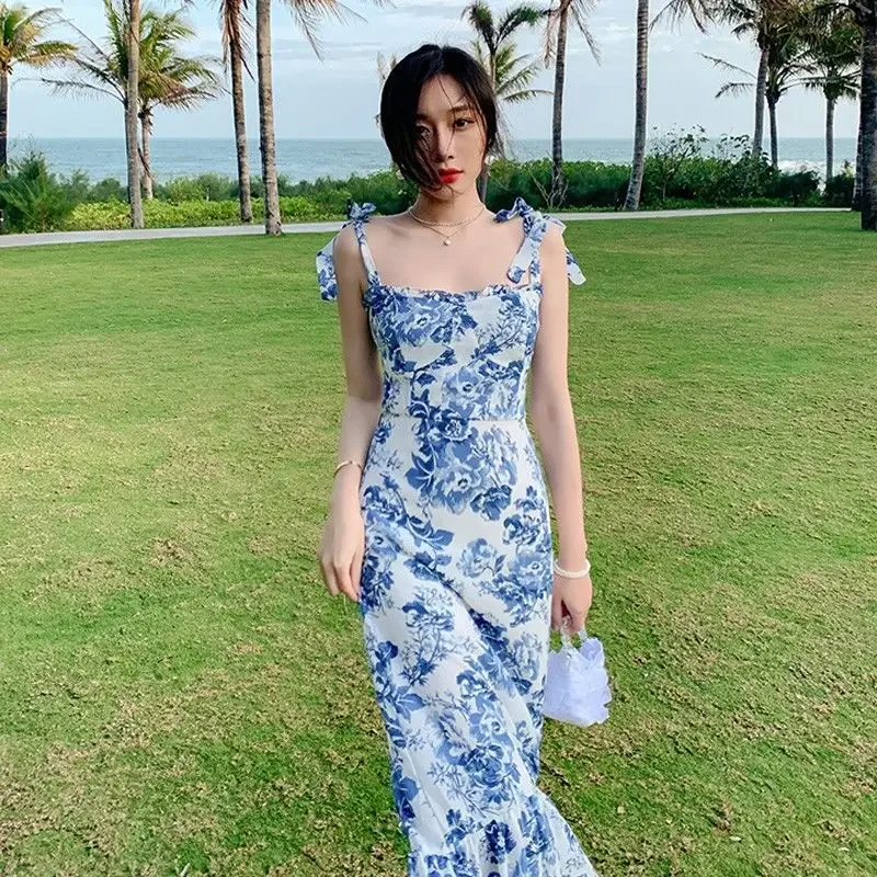 Dress Women Summer Design Ankle Length Ruffles French Flower Sleeveless Sundress Sqaghetti Temperament Female Classic Holiday