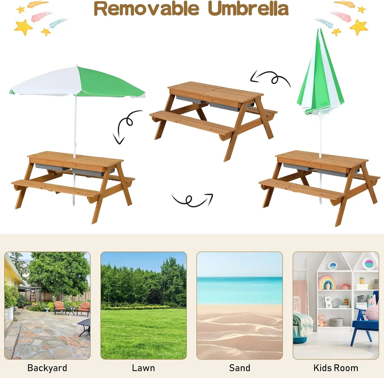 3 in 1 Sand & Water Table w/Height Adjustable Umbrella, Removable Tabletop, Children Outdoor Toy Playset w/2 Play Boxes