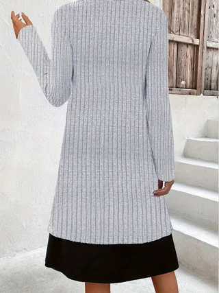 Women's Fashion Midi Dress, Ribbed Knit Construction with Contrast Insert and Buckle Detail