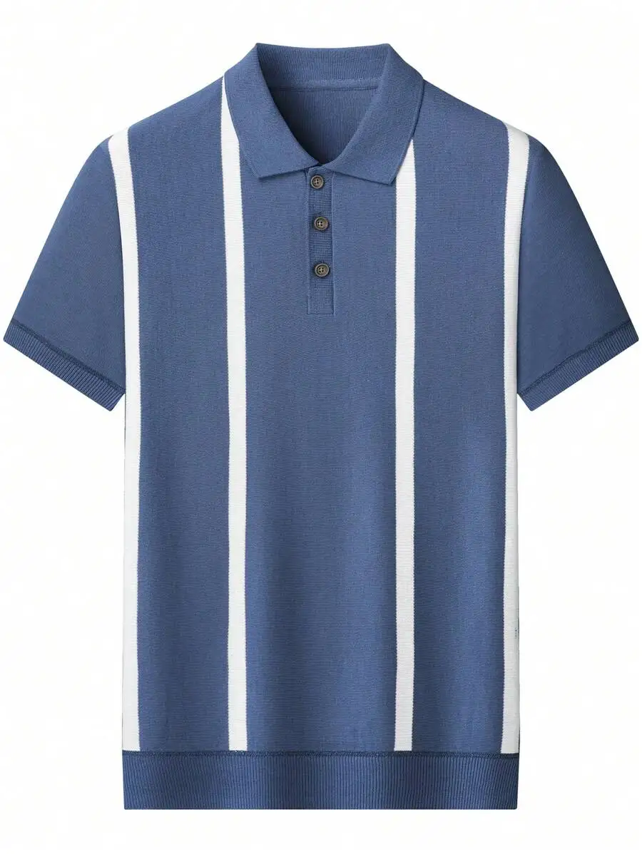 

Men's Short Sleeve Knit Striped Polo Shirt - Blue with White Vertical Stripes, Casual Summer Wear