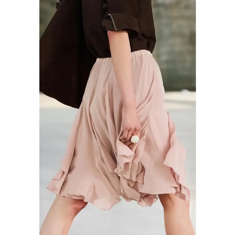 2025 가을 패션 편안한 레이어드 장식 롱 스커트 신상 여성 의류 섹시한 하이웨이스트 A라인 미디 솔리드 스커트