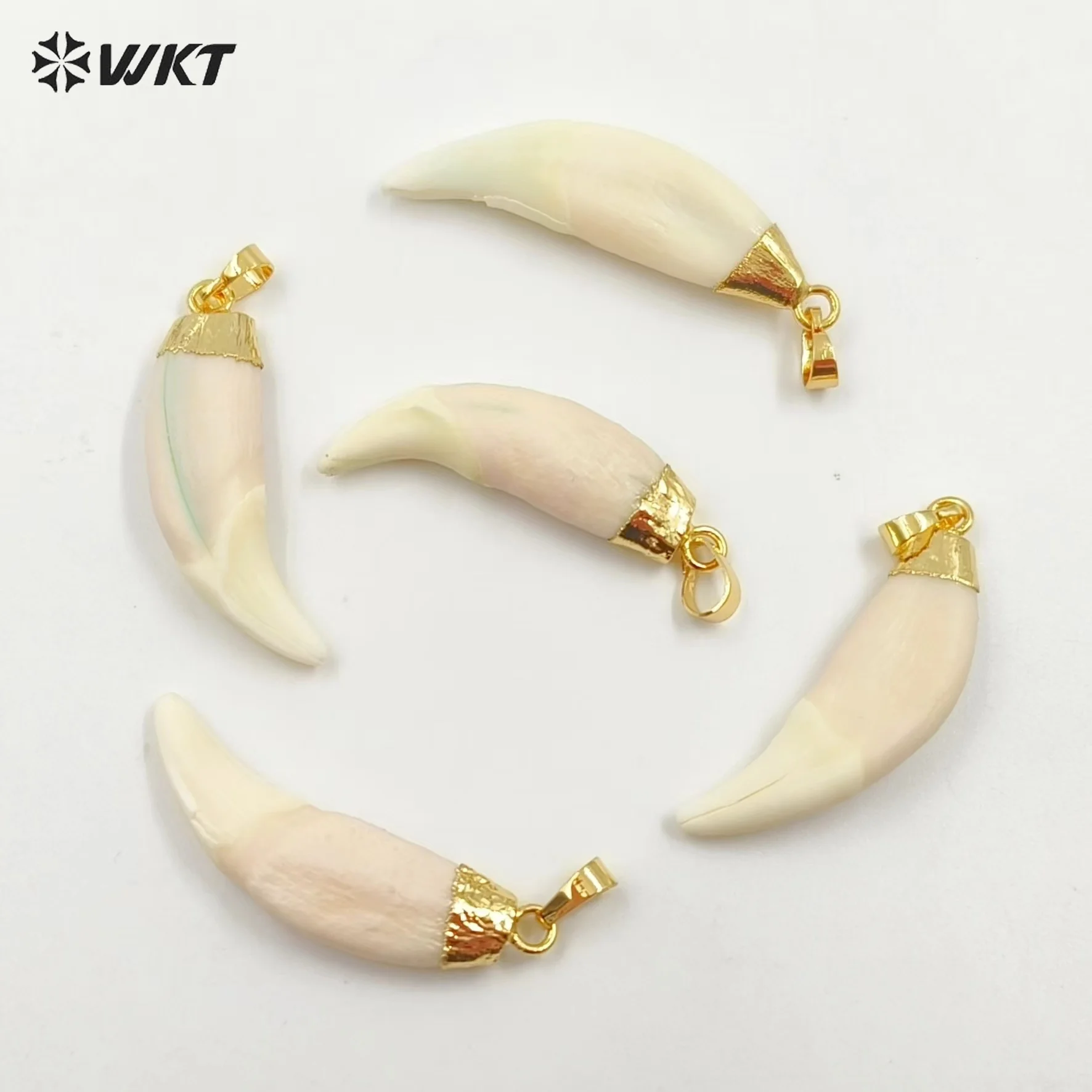 WT-P241 WKT Wholesale Original Wolf Tooths Pendants With Gold Color Plated Cap Amazing Raw Horn Bone For Jewelry Making