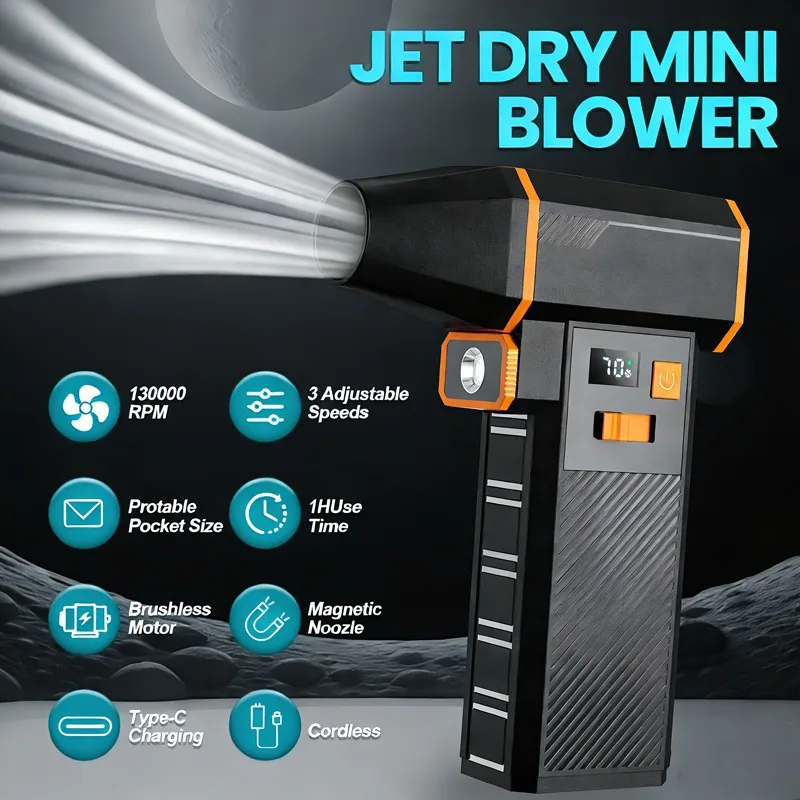 

Мини-электрический турбовентилятор 1300000 об/мин, 6000 мАч, перезаряжаемый беспроводной струйный турбовентилятор для компьютера, верстака, автомобиля, улицы