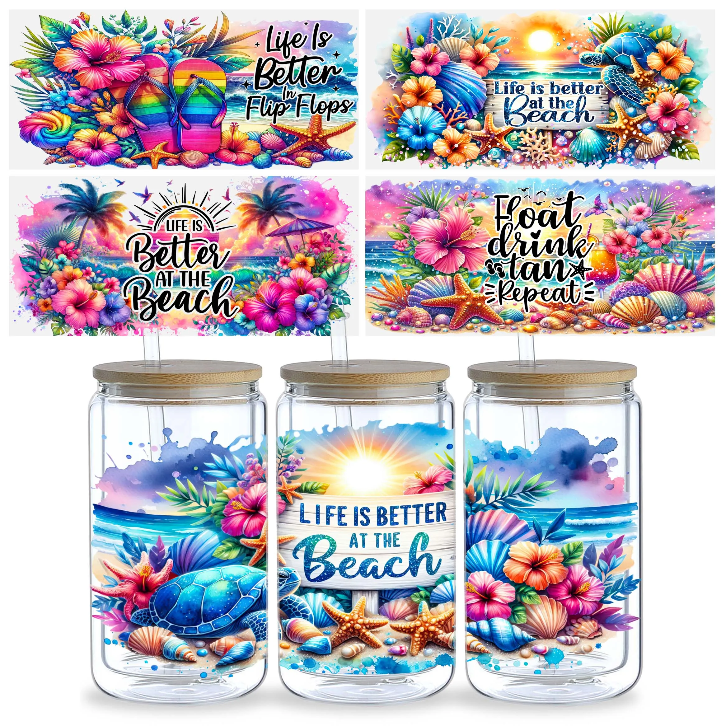 5 Sheets Seaside Beach for 16oz Glass UV DTF Cup Stickers, Waterproof UV DTF Stickers for 16oz Glass, DIY, Furniture, Crafts