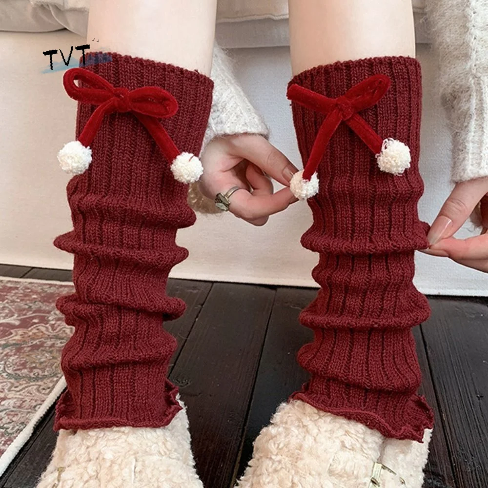 

Cartoon Knitted Leg Warmers Bow Design Middle Tube Lolita Boots Cover Comfortable Thickened Furry Leg Warmers Autumn Winter