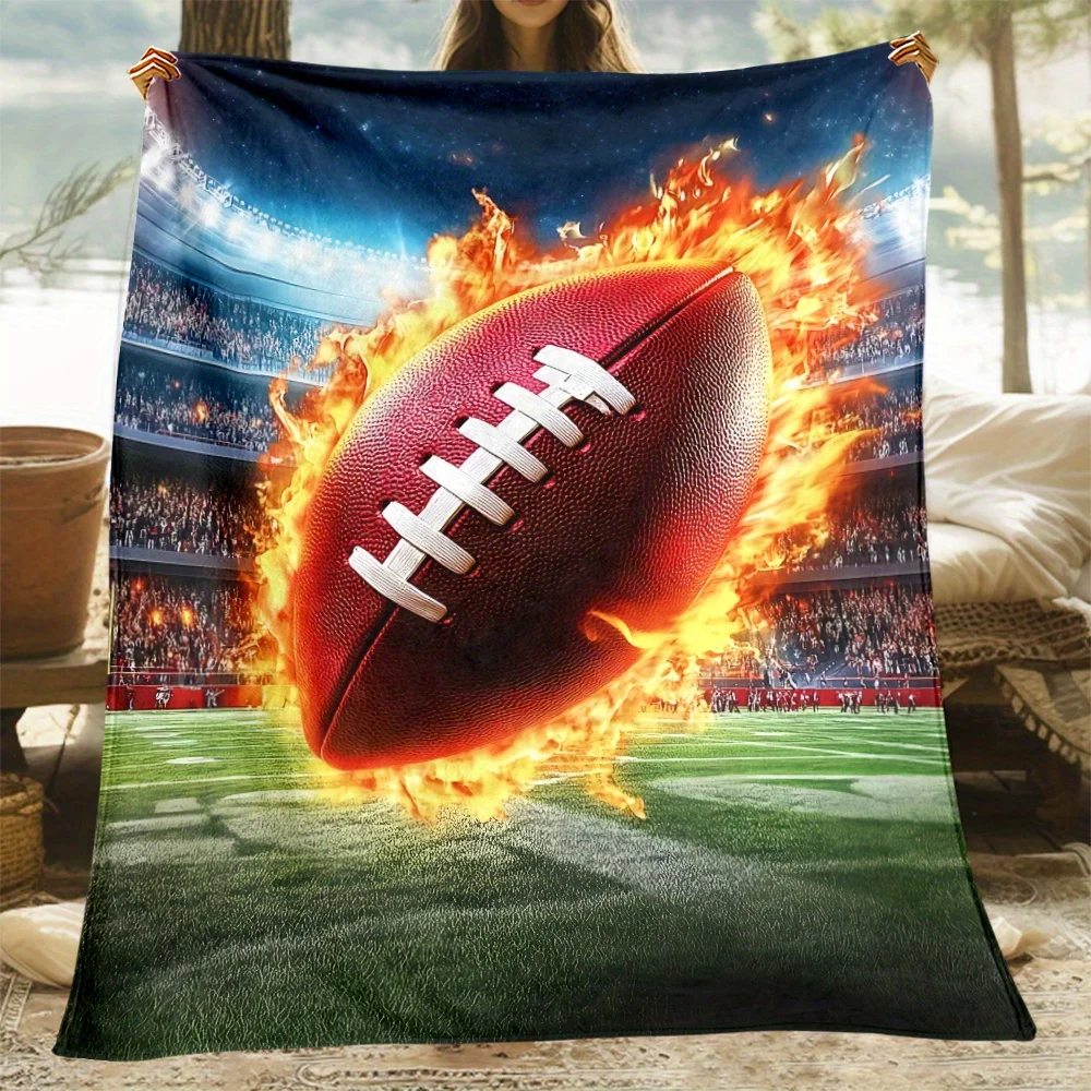 Football Flame Stadium Sports Fleece Blanket American Football Fan Gift Dynamic Action Design Cozy Throw For Game Day LivingRoom