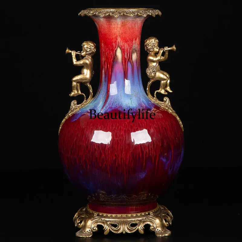 Porcelain kiln-changed glaze ice cracks with copper boy blowing horn bottle Jingdezhen porcelain vase ornament
