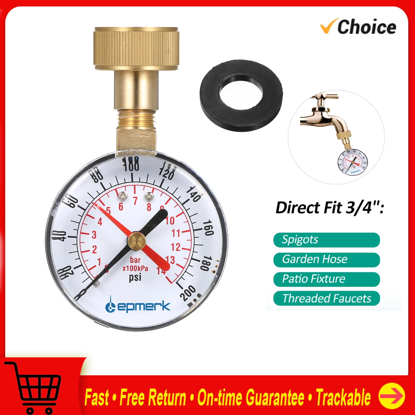 Lepmerk 2- 1/2'' Pressure Gauge Water Pressure Test Gauge 3/4'' Female Hose Thread 0-200 PSI with Red Pointer