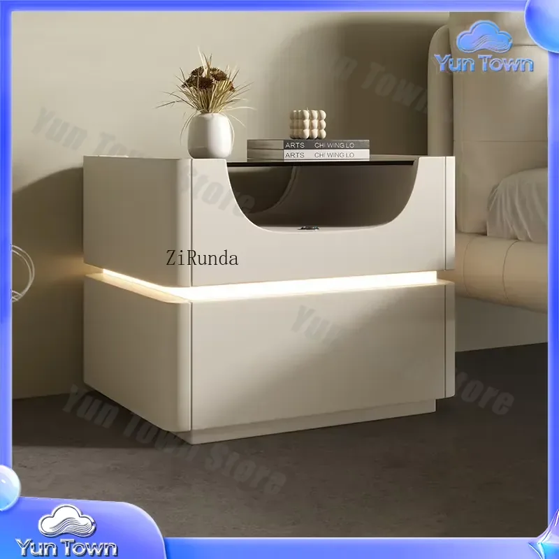 Modern Simple Solid Wood White Locker Bedside Table with Smart Sensor Light for Bedroom Furniture Storage Nightstand for