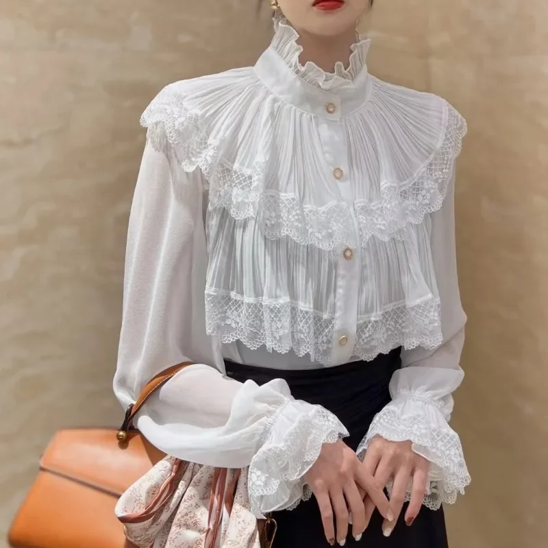 Spring Gentle Lace Shirt Patchwork Stand Up Collar with Bubble Sleeve Fashion Shirt for Women Clothes Elegant Blusas New 30493