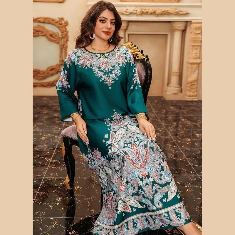 39BB المرأة الإسلامية فستان كامل الطول الكافتان فستان زهرة طباعة فستان كامل الطول الإسلامي رداء الشرق الأوسط