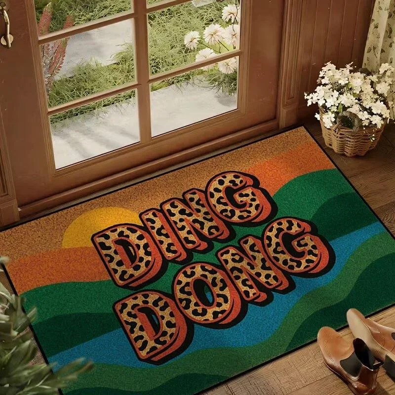VIKAMA Ding Dong Leopard Rainbow Retro Wave Sun Art Crystal Velvet Door Mat Non Slip Entryway Bedroom Living Room Home Decor