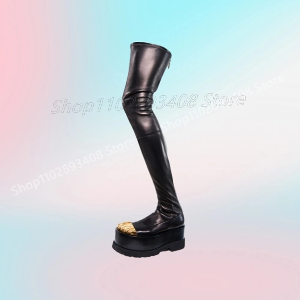 Botas por encima de la rodilla gruesas de cinco dedos dorados, cuero mate, nueva marca, cremallera trasera, moda Sexy, Otoño 2024, Zapatos Para Mujer