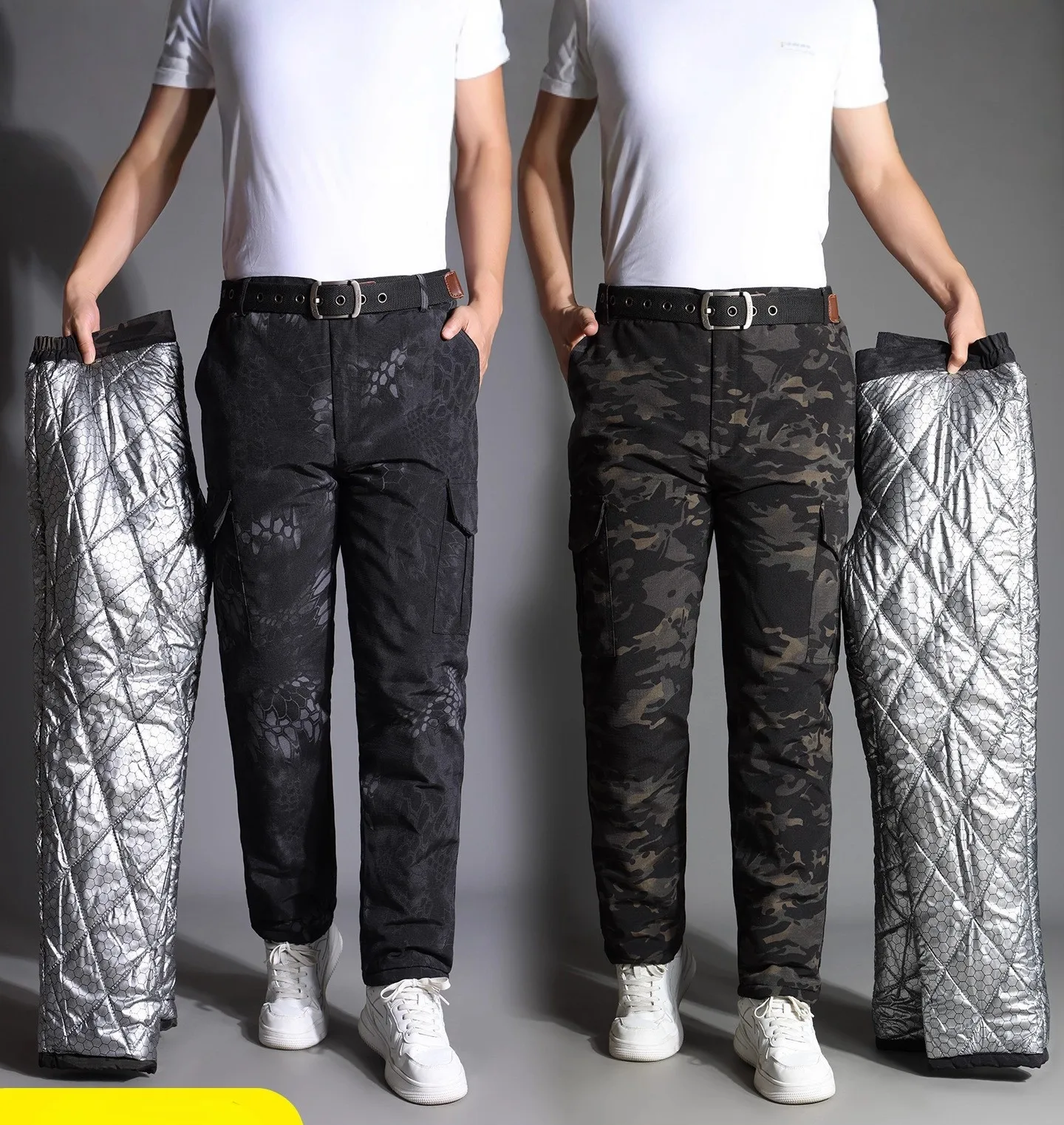 Men's Winter Graphene Thermal Padded Pants Thickened Windproof Work Trousers Fleece Lining Outdoor Heavy Duty Casual Joggers