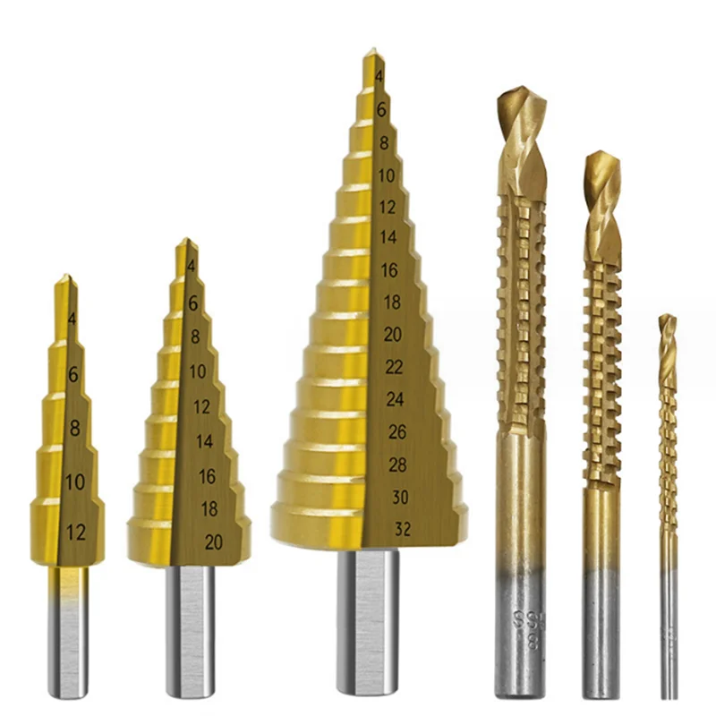 

High Speed Steel Titanium Plated Step Drill Set Triangular Handle 6Pcs Pagoda Drill Bit Set Metal Woodworking Slotting Saw