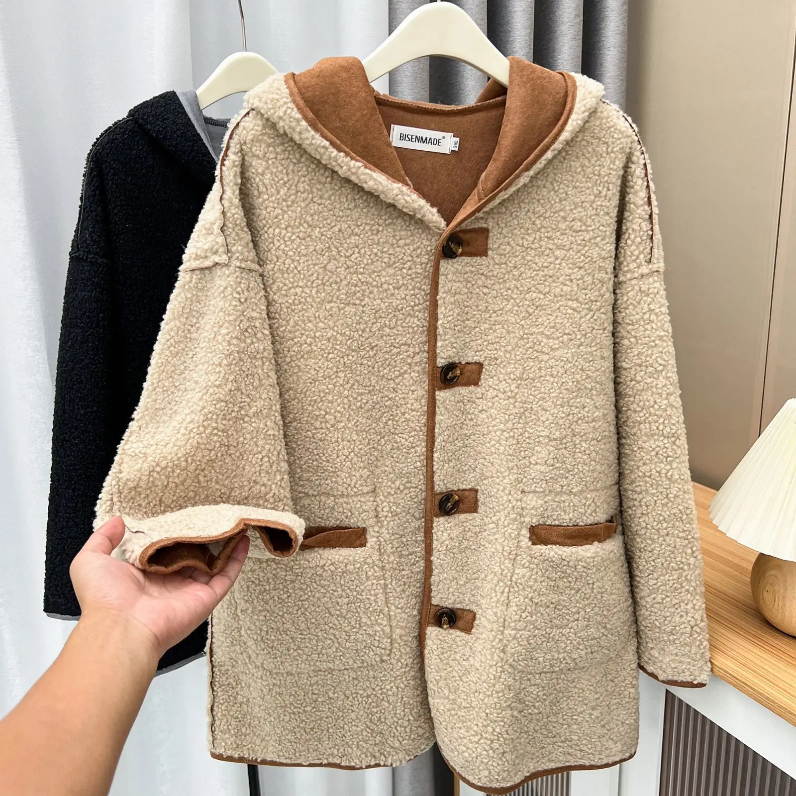 Womens Plus Size Winter Parkas Casual Clothing Mid-Length Hooded Suede Composite Fleece Jacket Curve Reversible Coats S6 5706