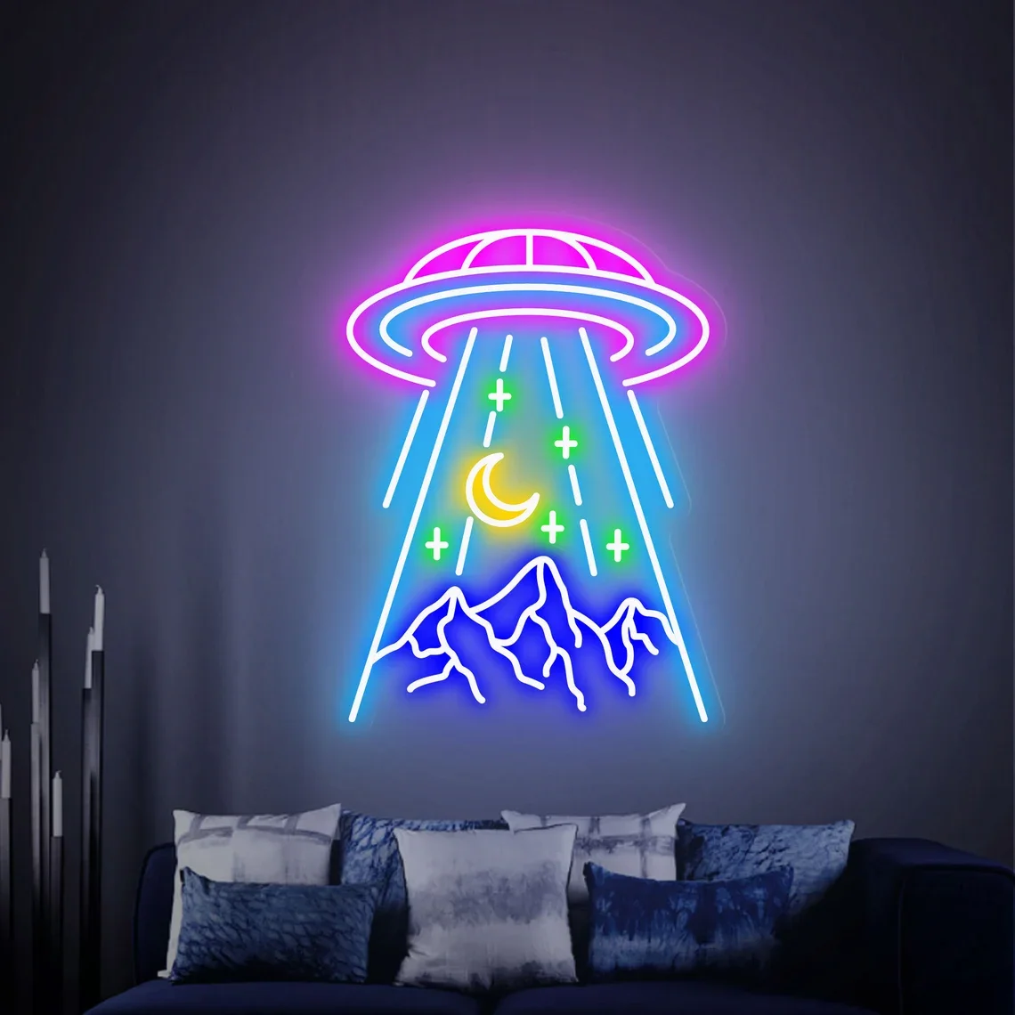 UFO Flying Saucer Neon Sign UFO Mountain Neon Sign Creative Home Bedroom Wall Decor Neon Bar Club Party Decor Birthday Gift