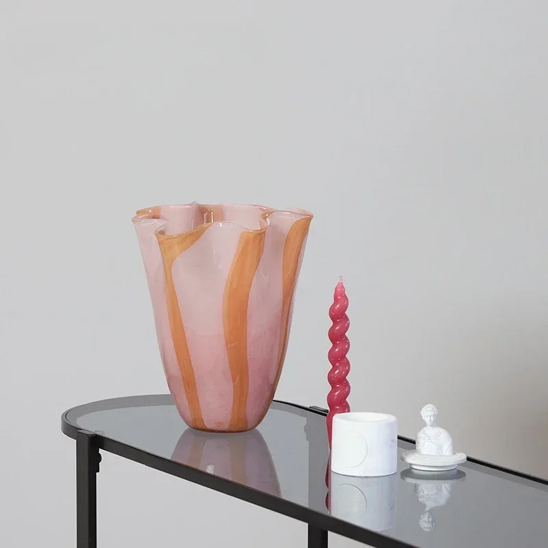 

PInk Vertical Stripe Morning Glory Glass Big Vase Ornament Porch Living Room Bedroom Dining Table Table Home Art Decoration