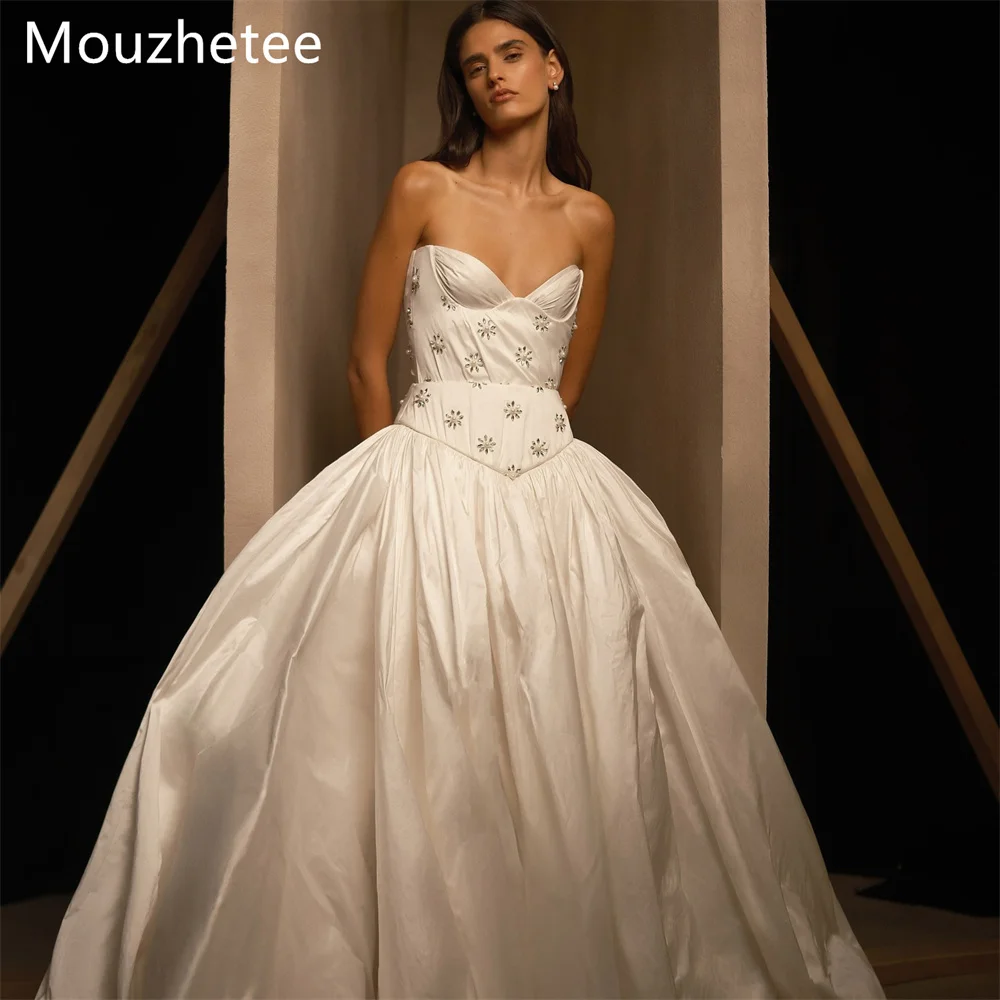 

Mouzhetee A-Line Elegant Strapless Crystal Long Pleat Sleeveless Wedding Dresses Princess Satin Brides Gown Custom Made 2025