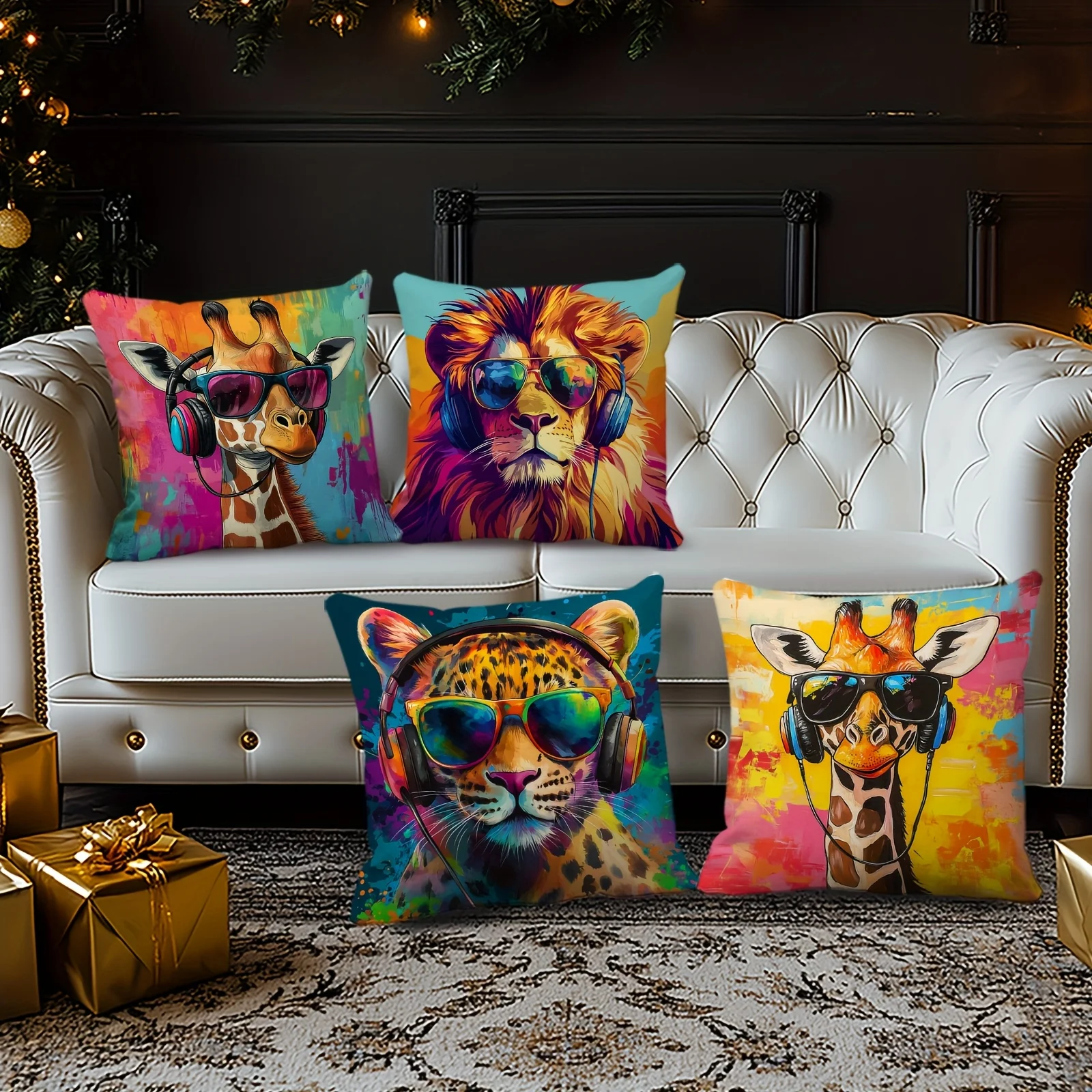 4-Pack Cool Animal Pillow Covers, Giraffe Lion Leopard Decorative Cushion Cases for Trendy Party, Sofa and Home Gallery Decor