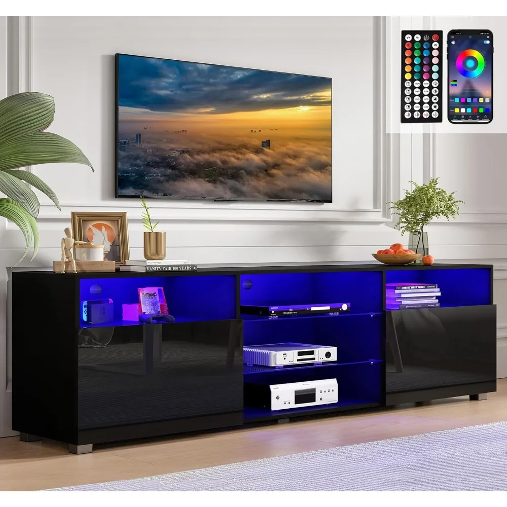 

71IN LED TV Stand for 75/80inch TV,High Glossy Black TV Stand for Living Room,Modern Gaming Entertainment Center with Adjustabl