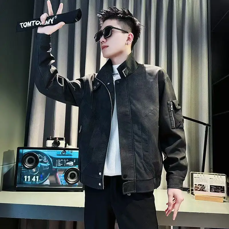 Men's Spring Autumn , New Men's Double-Layer Lined Top, Stylish And Versatile Stand-Up Collar Jacket For Men