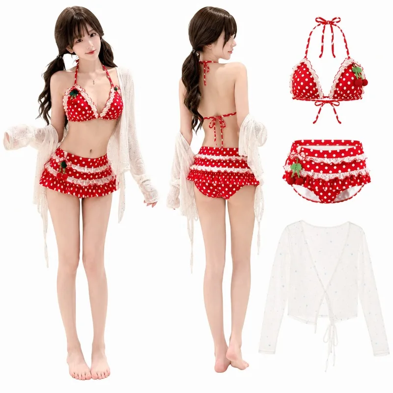 Sweet Cherry Polka Dot Bikini Set Women Lace Ruffle Swimwear Cute Bow Summer Beach Bathing Suit Lingerie Swimsuit Biquini