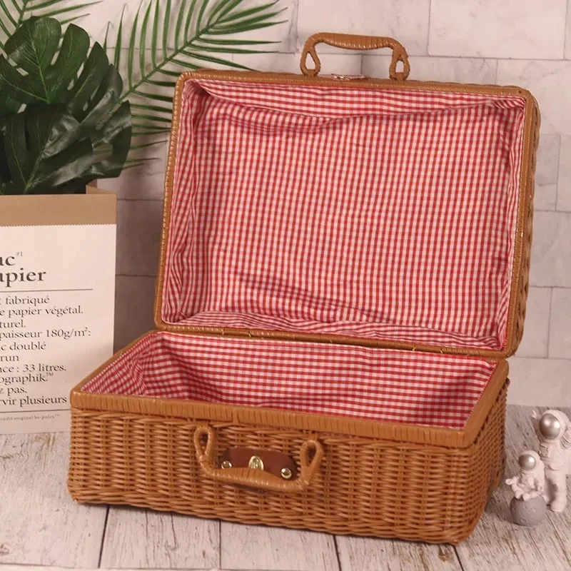 Mir de pique-nique portable en rotin tissé à la main, mallette de rangement, vintage, maquillage, valise de voyage, cosmétique, boîte de rangement officielle