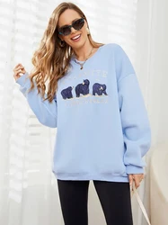 Vintage Cotton Long Sleeve Sweatshirt Sky Blue Crewneck Oversize Sweatshirt Women Embroidery Bear Graphic Sweatshirts For Women