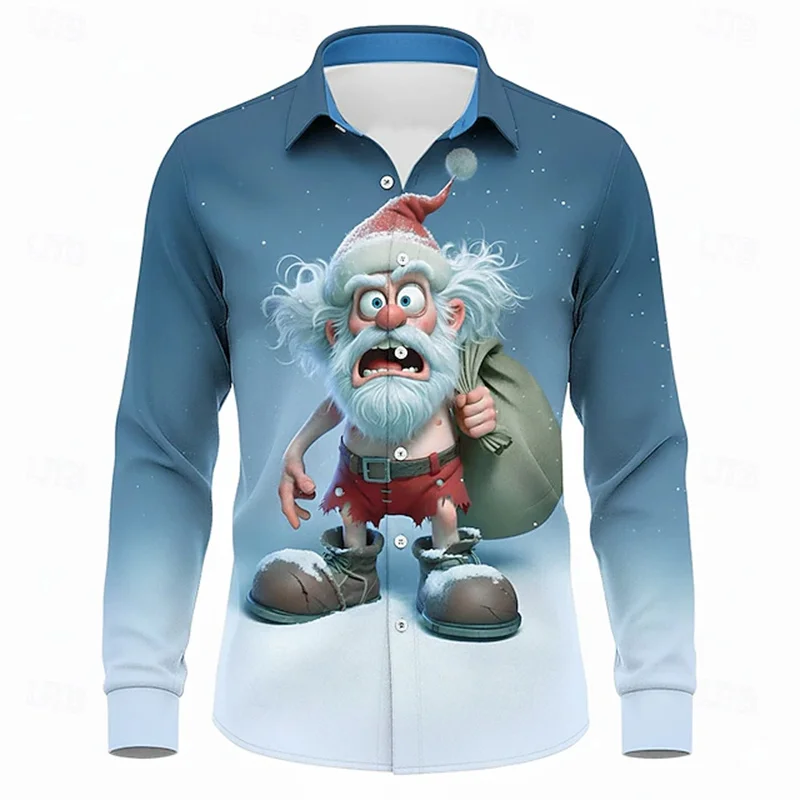 Funny Old Man Graphic Men's Shirts Christmas Theme Long Sleeve Turn-Down Collar Tops Fashion Outdoor Street Casual Loose Clothes