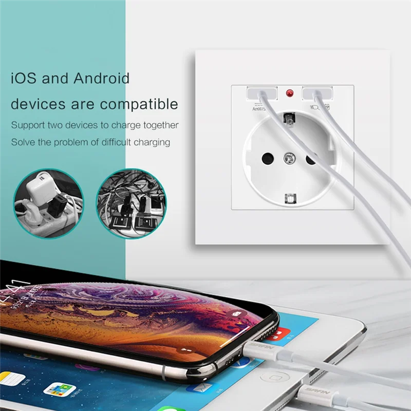 

T98C-EU Стандартная электрическая розетка с двойным USB 5 В 2,1 А Электрические розетки 16 А для семейного отеля Настенная розетка