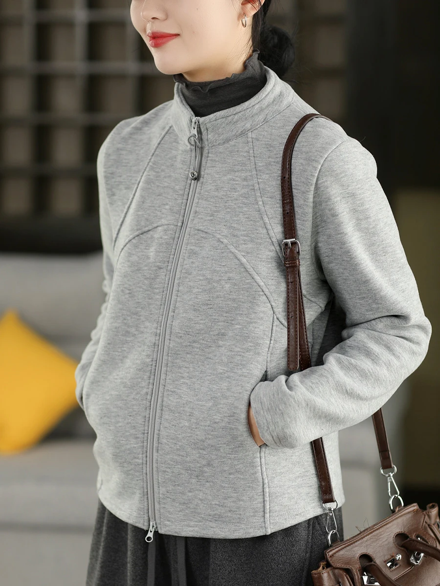 

Thiened Double Zipper Fce Lined Wool Blend Slimming Splicing Outerwear Vintage Sle Women's Long Sve Coat