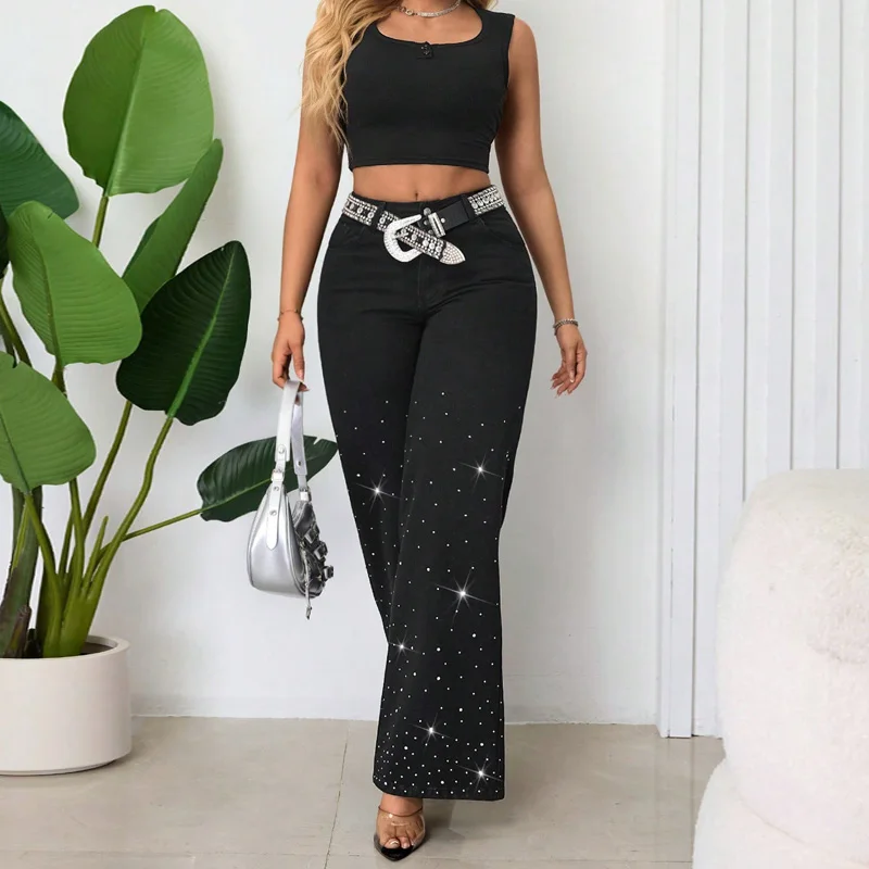 Benuynffy Women's Street Loose Diamonds Straight Jeans 2025 New Retro Mid Waisted Female Casual Black Wide Leg Denim Trousers