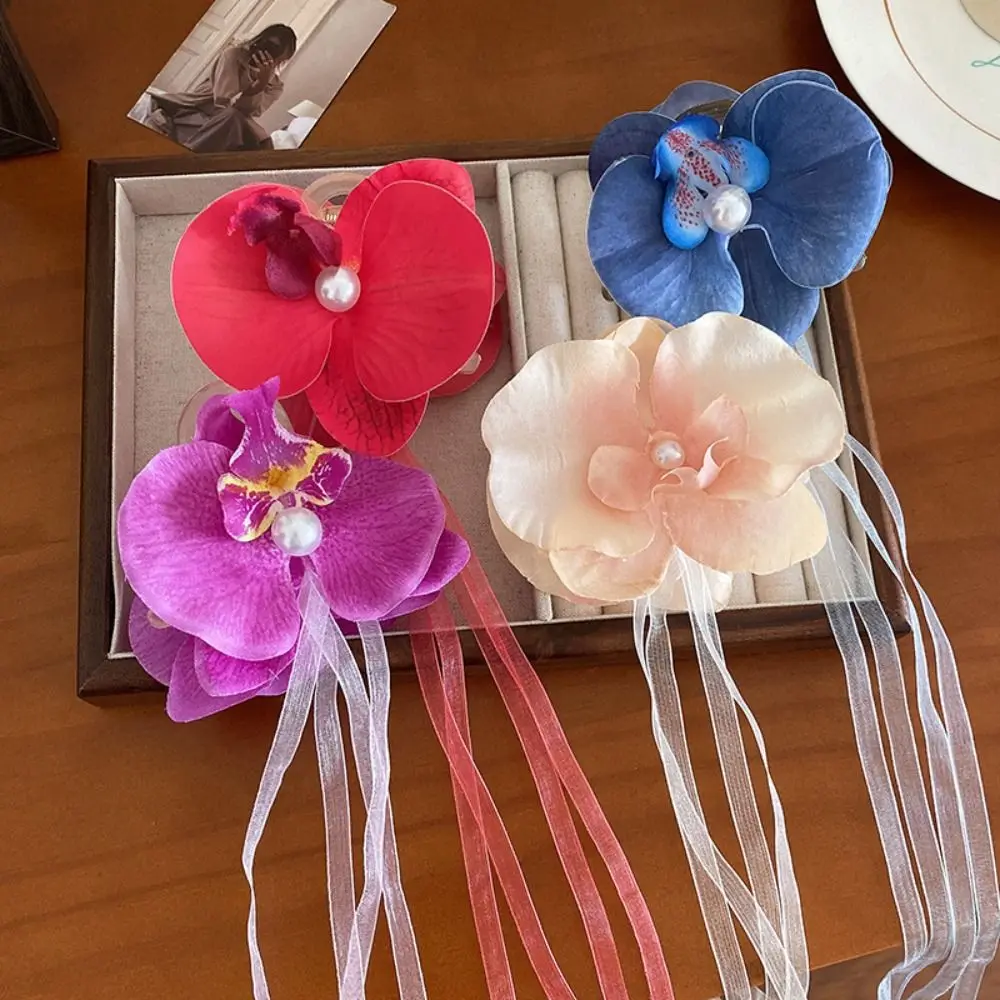 Simulation Flowers Flower Hair Claw Ribbon Cloth Butterfly Orchid Hair Clip Ponytail Clip Headdress Large Shark Clip Female