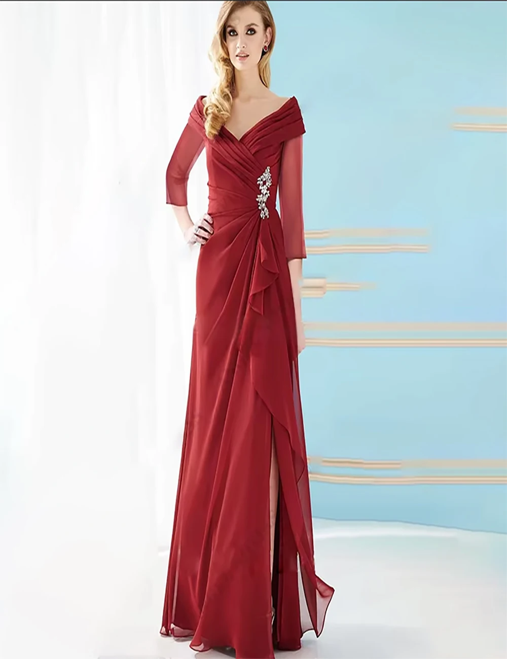 Elegant ยาวสีแดงชีฟองชุดเจ้าสาว 3/4 แขนปิดไหล่ vestidos de fiesta mujer ที่กําหนดเอง