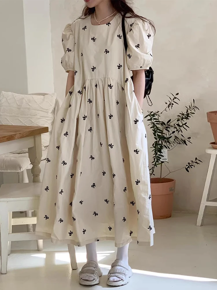 Korejpaa Casual Retro Summer Dress moda coreana girocollo fiocco ricamo abiti da donna elegante manica a sbuffo abiti Femme