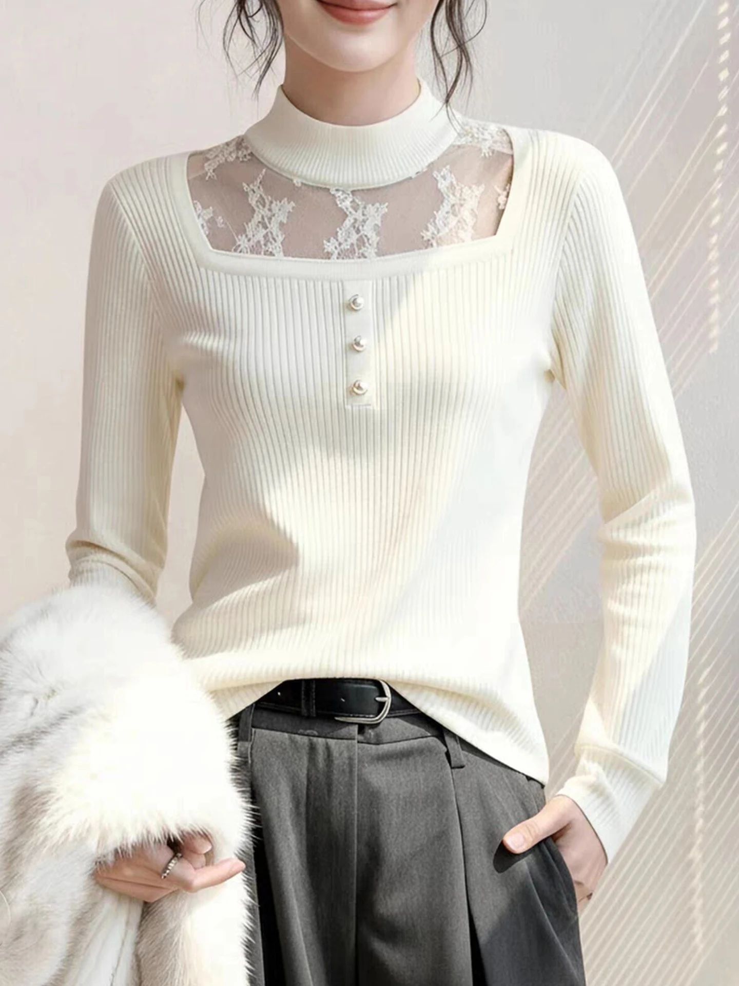 Miękki, wygodny sweter z dzianiny, długi rękaw, koronkowe wstawki, modny zimowy top, koreański styl, prosty krój, odzież wewnętrzna.