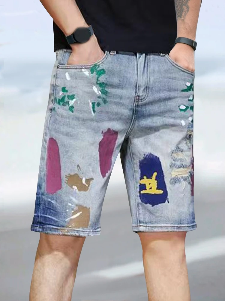 

Мужские рваные джинсовые шорты с цветными граффити-принтами, потертые, до колен, в уличном стиле, повседневные, летние, бермуды