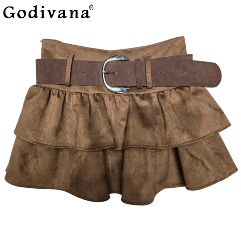 

European American Retro Belt High Waist A-line Ruffles Sexy Skirt Autumn Winter New Fashion Women Versatile Street Cake Skirts