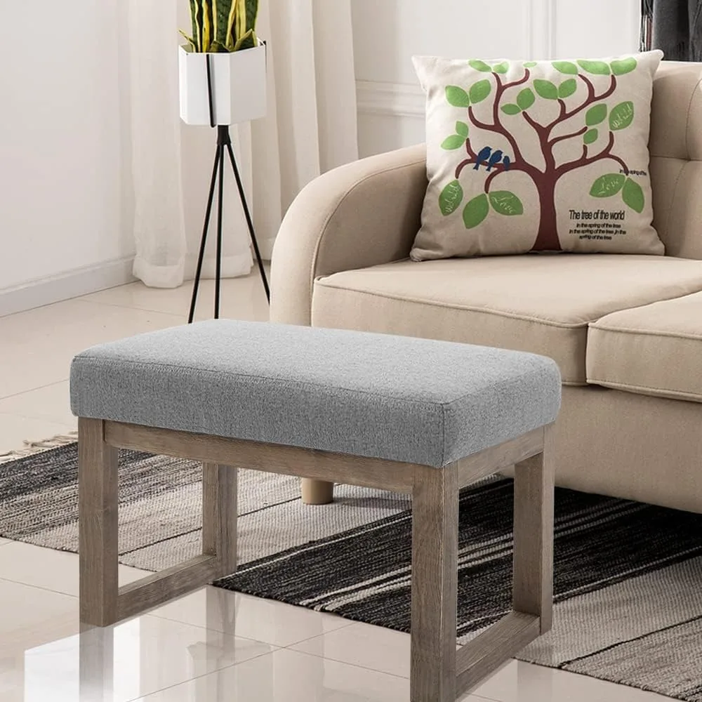 Footstool 27 Inch Wide Rectangle Ottoman Bench Grey Footstool,Linen Look Polyester Fabric for Living Room,Bedroom, Grey