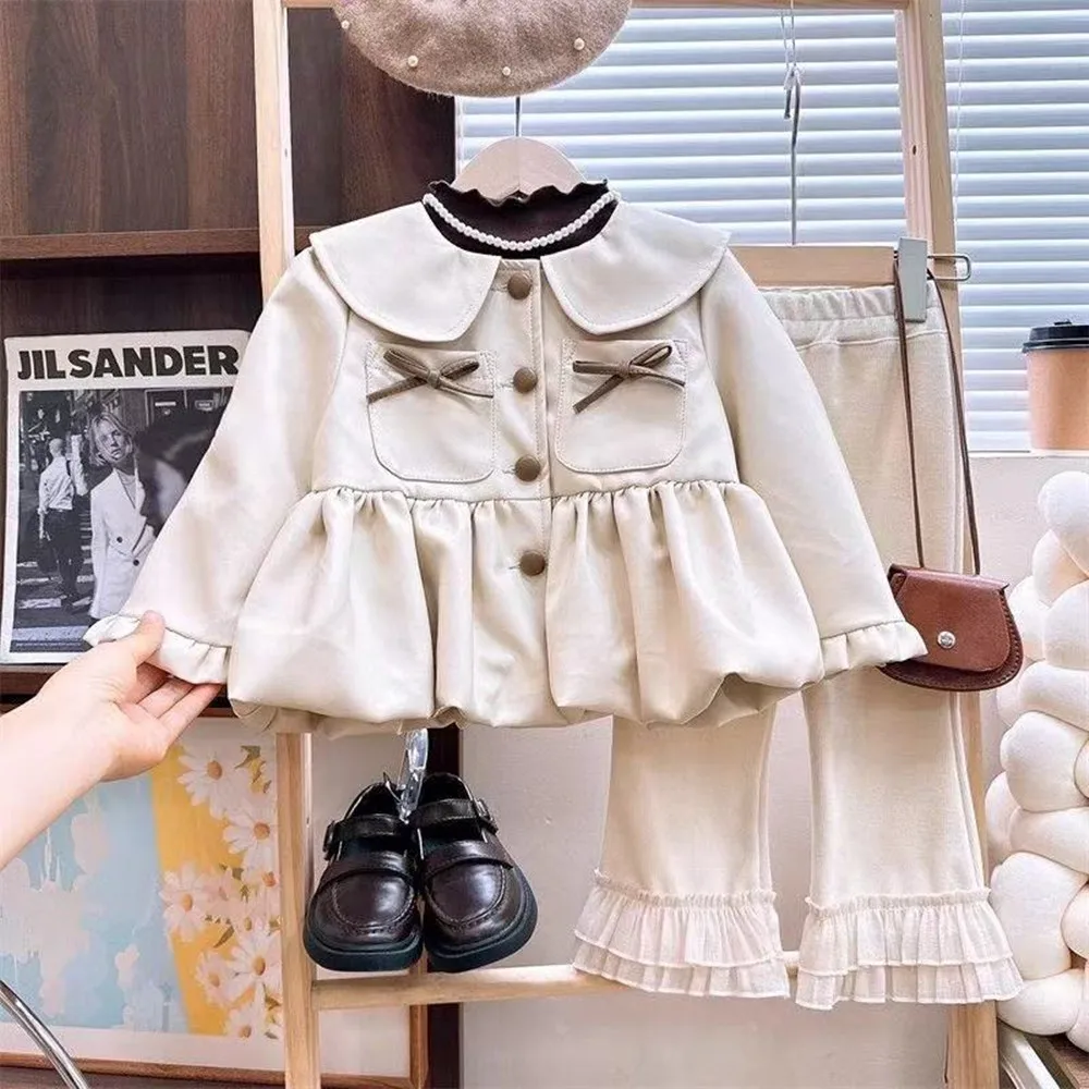 

2-7 Years Girls Leather Jacket Spring and Autumn 2026 New Style Korean Version Children's Bow Sweet Coat Top 90-140CM