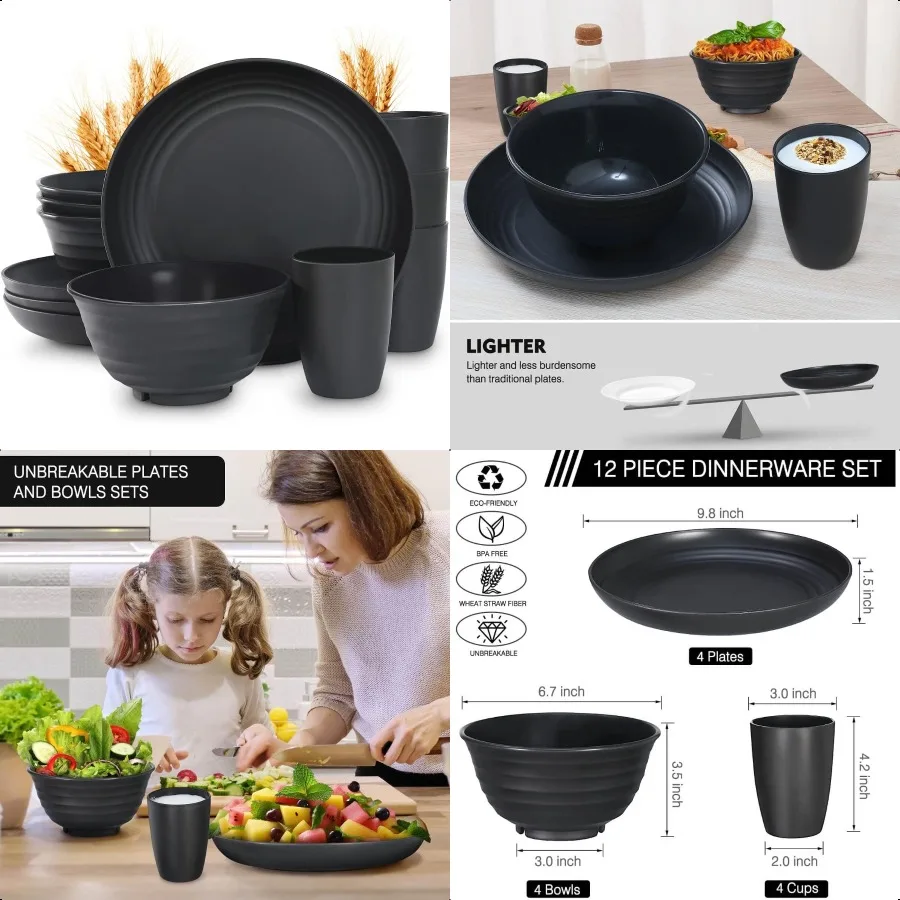 12pçs conjuntos de louça de palha de trigo de plástico, conjuntos de pratos e tigelas de palha de trigo para 4 entradas de dormitório universitário, máquina de lavar louça de micro-ondas