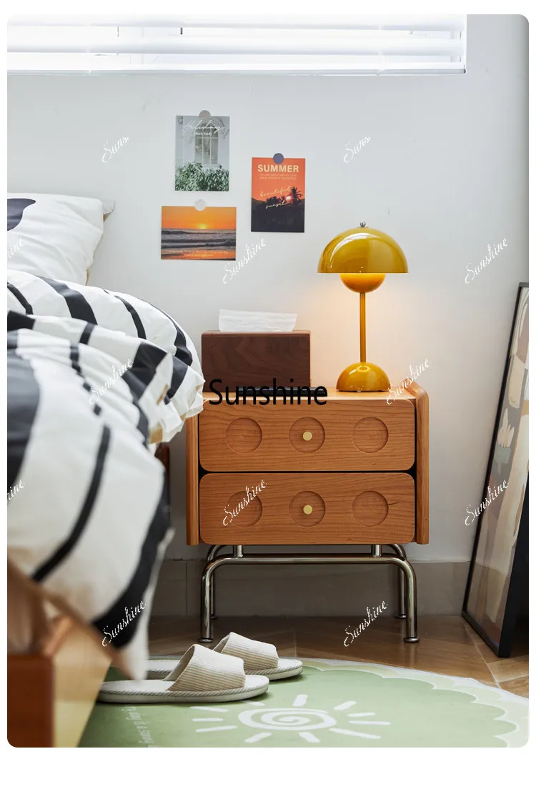 Bedroom Storage Table Cherry Wood Metal Base & Textured Drawers